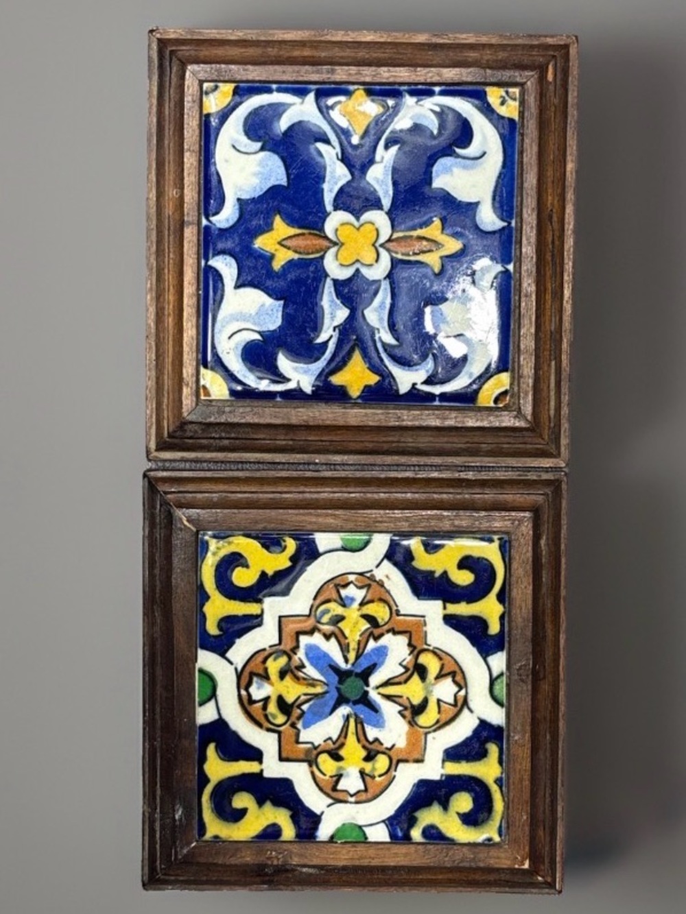 Vintage 1970s Talavera Mexican Decorative Ceramic Tiles Framed Wall Art Set of 2